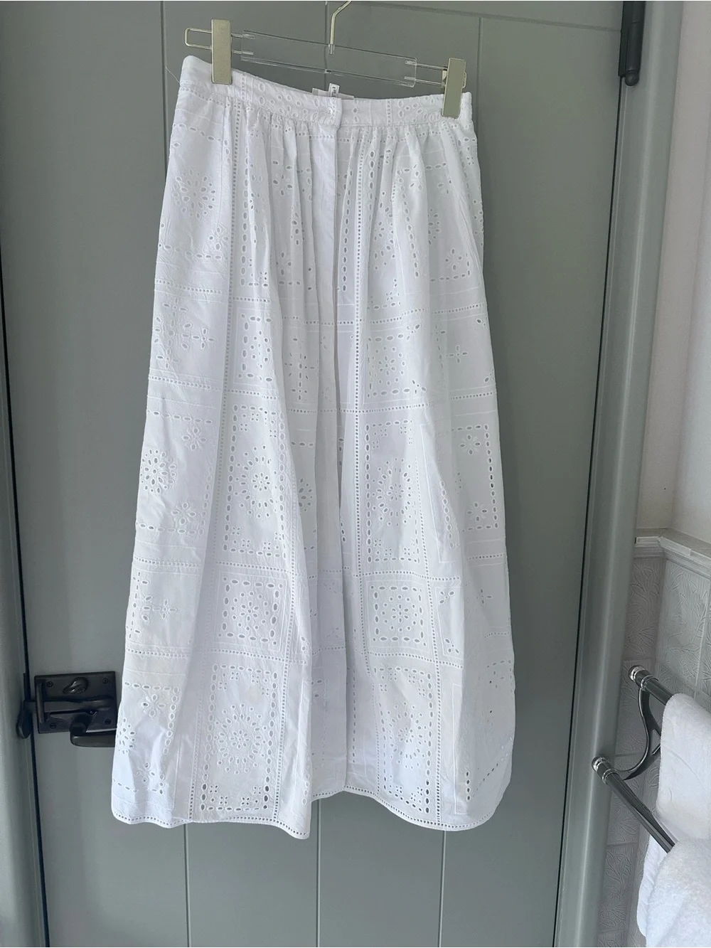 Sezane White Eyelet Maxi Skirt with Gathered Waist